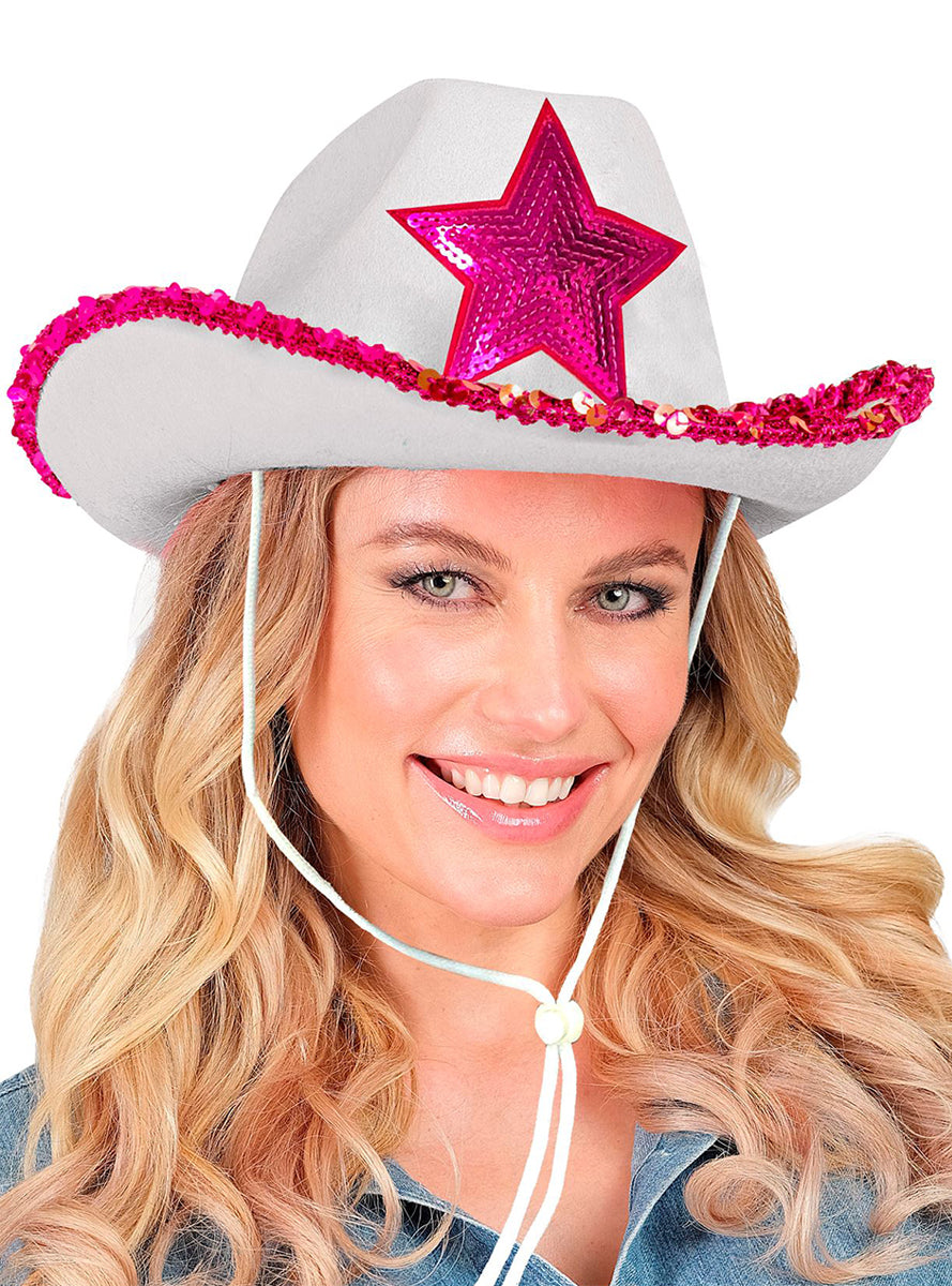 Chapeau de cowboy blanc avec étoile rose