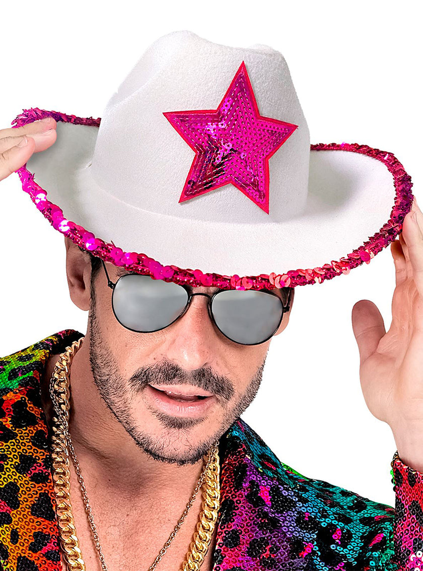 Chapeau de cowboy blanc avec étoile rose