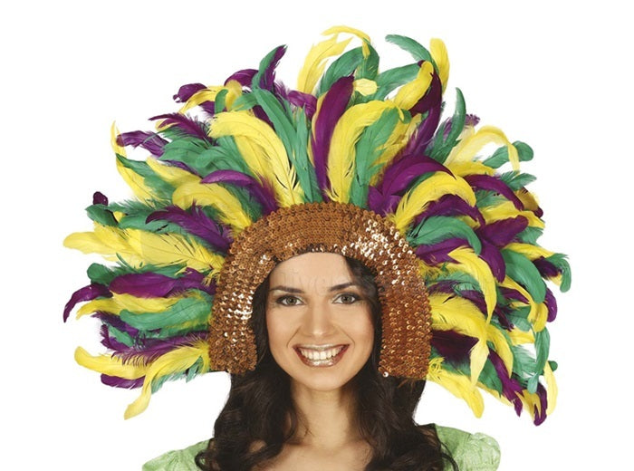 coiffe tiare carnaval de rio à plumes et sequins multicolore