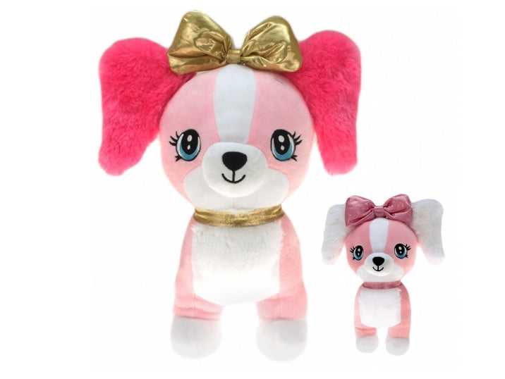 peluche chien debout girly avec noeud et collier mix 25cm