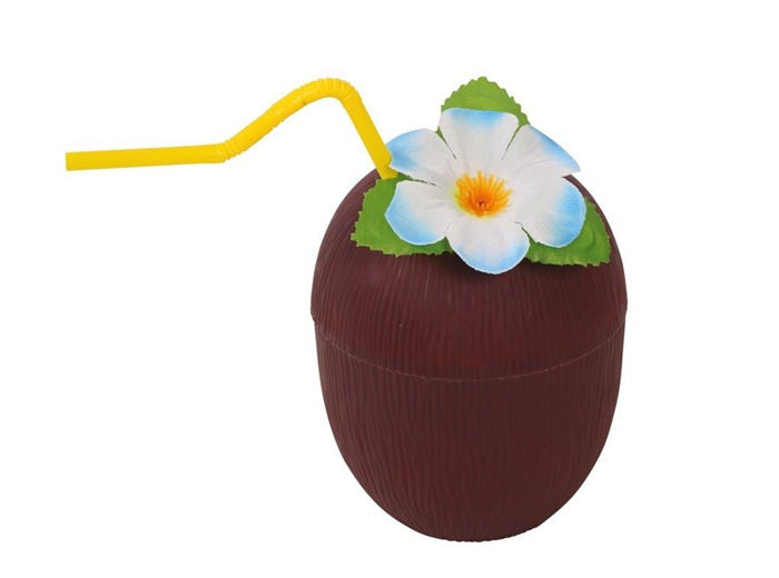 coupe cocktail hawaï noix de coco brun avec paille et fleur 13cm