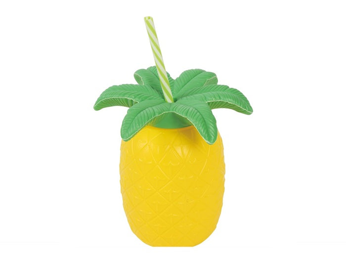 coupe cocktail hawaï ananas jaune avec paille et feuilles 16cm