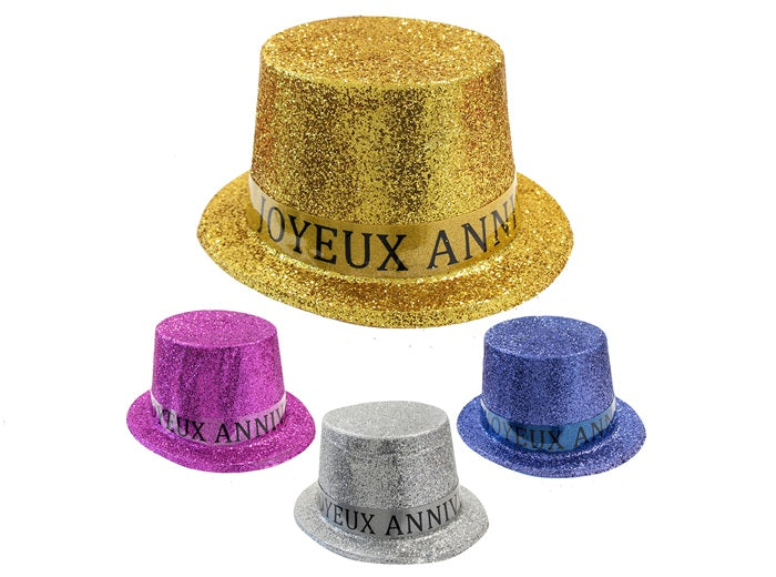 chapeau haut de forme joyeux anniversaire à paillettes mix 12cm