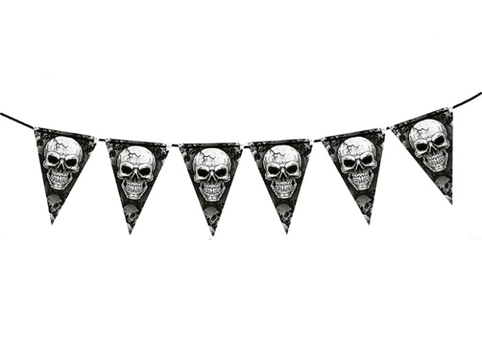 guirlande 10 fanions 30x20cm motif tête de mort 3m