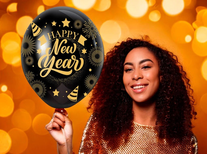 lot de 10 ballons de fête happy new year noir 30cm