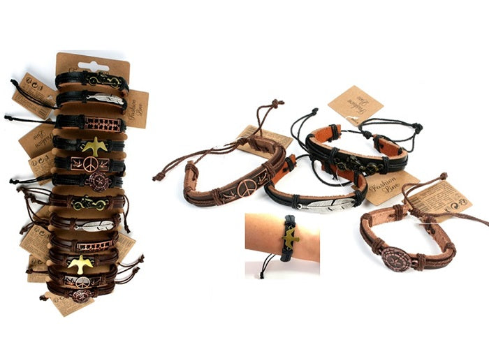 1x lot de 12 bracelets cuir avec plaque métal mix 17cm