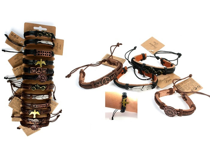 1x lot de 12 bracelets cuir avec plaque métal mix 17cm