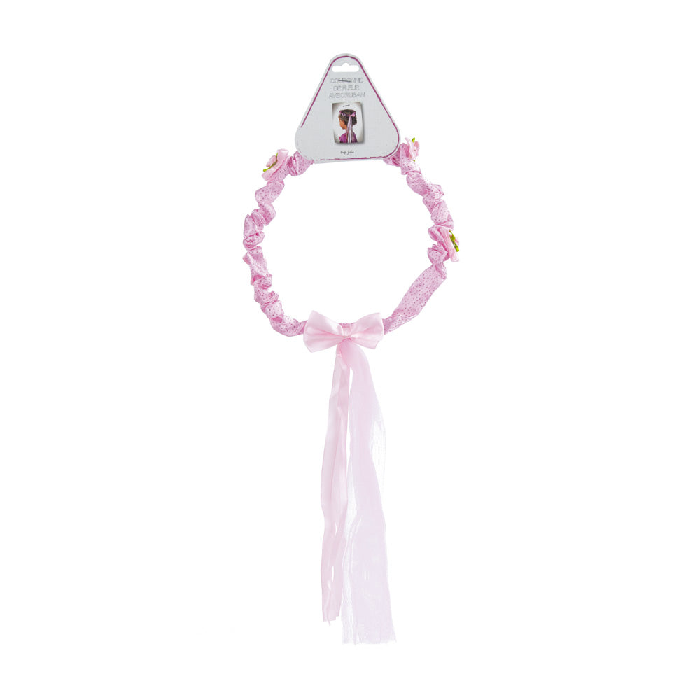 COURONNE FLEUR ROSE AVEC RUBAN
