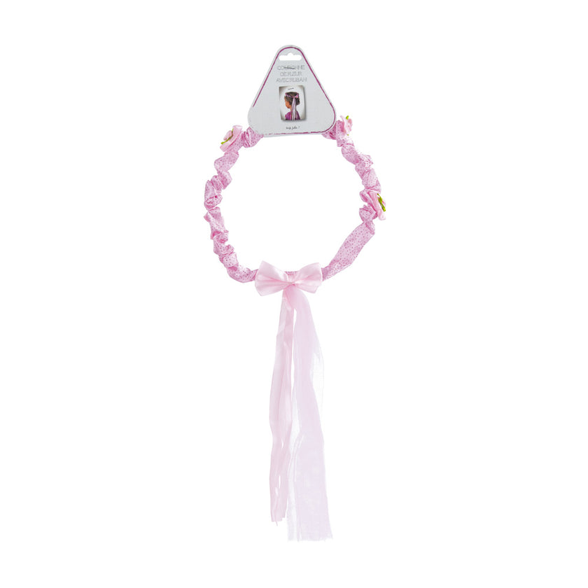 COURONNE FLEUR ROSE AVEC RUBAN