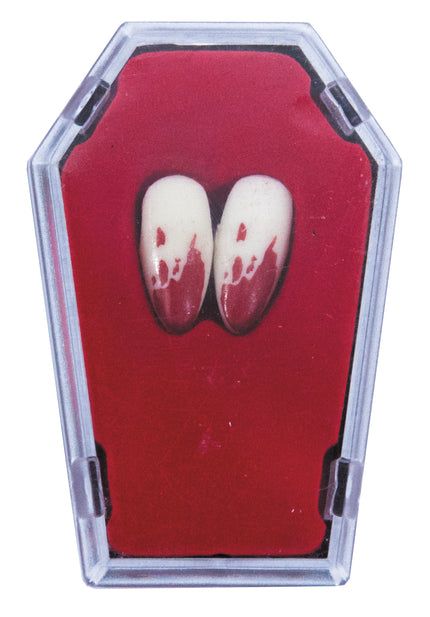 2 CANINES DE VAMPIRE ENSANGLANTEES DANS CERCUEIL (nécessaire de fixation inclus)