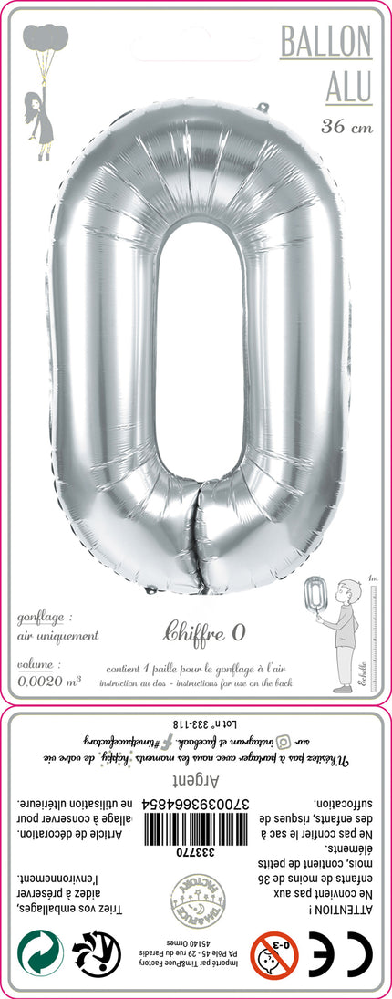 BALLON MYLAR CHIFFRE 0 ARGENT 36CM