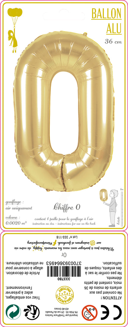 BALLON MYLAR CHIFFRE 0 OR 36CM