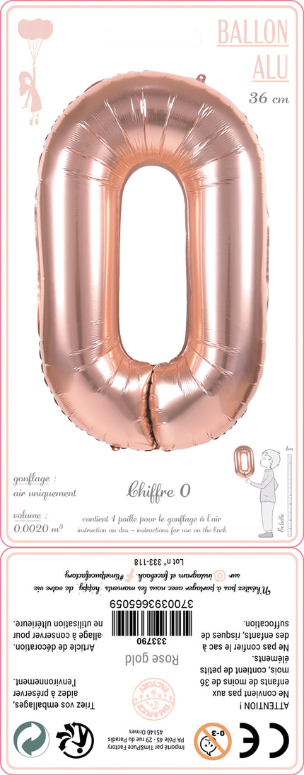 BALLON MYLAR CHIFFRE 0 ROSE GOLD 36CM