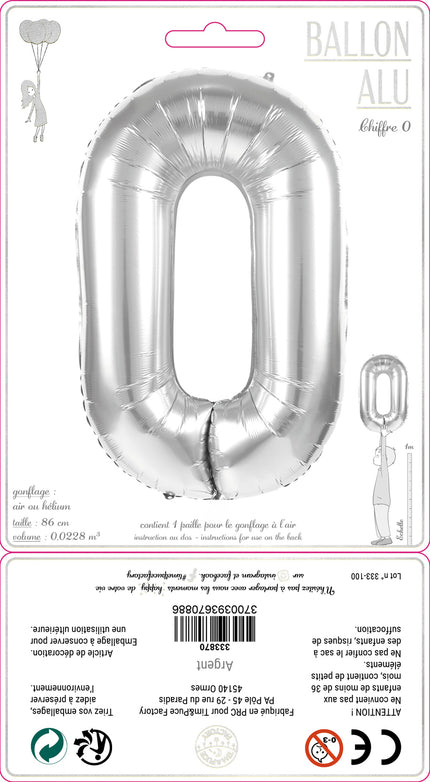 BALLON MYLAR CHIFFRE 0 ARGENT 86CM