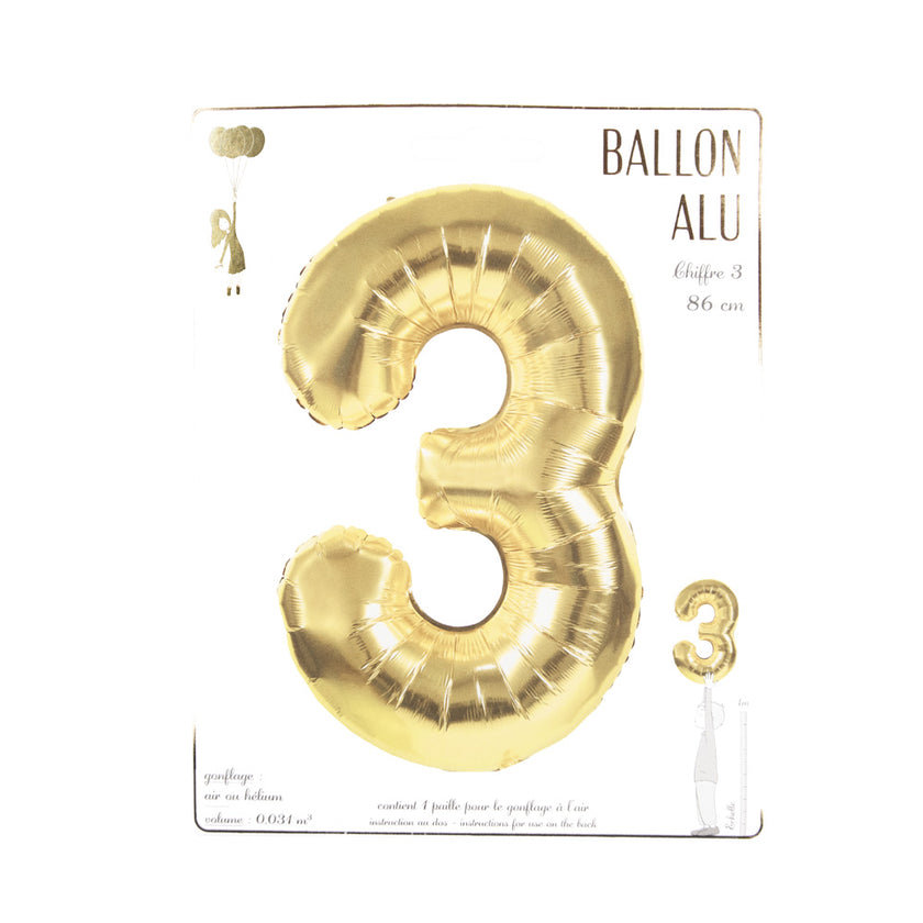 BALLON MYLAR CHIFFRE 3 OR 86CM