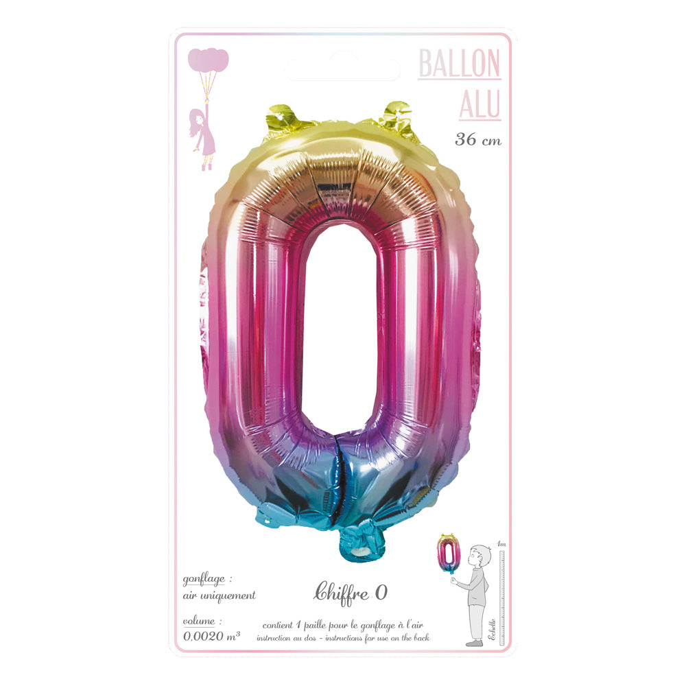 BALLON MYLAR CHIFFRE 0 IRISE PASTEL 36CM