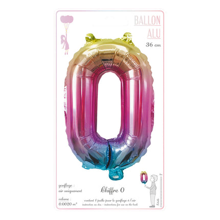 BALLON MYLAR CHIFFRE 0 IRISE PASTEL 36CM