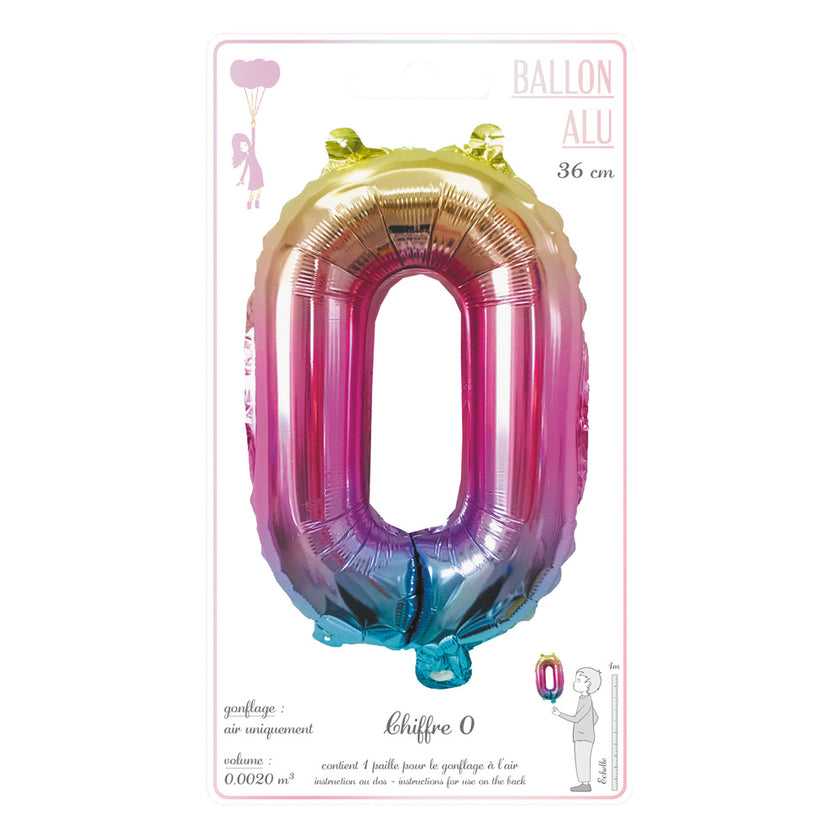 BALLON MYLAR CHIFFRE 0 IRISE PASTEL 36CM