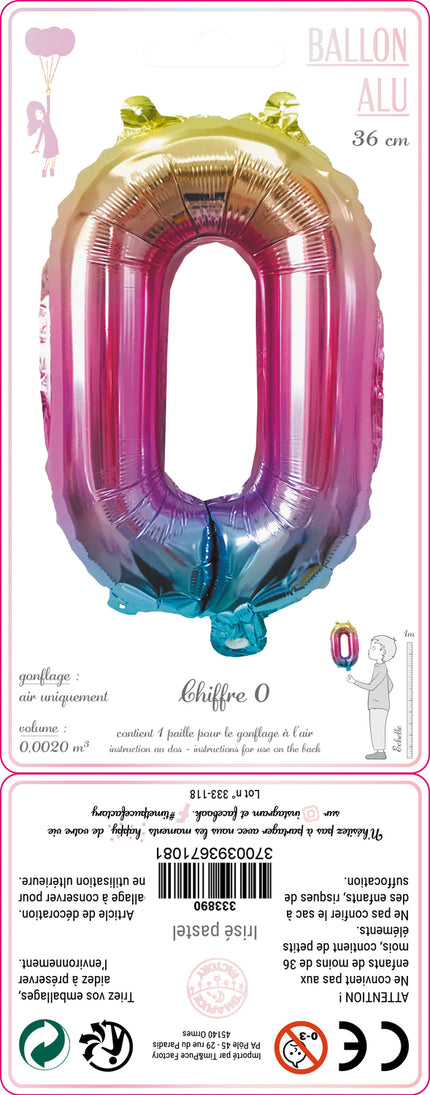 BALLON MYLAR CHIFFRE 0 IRISE PASTEL 36CM