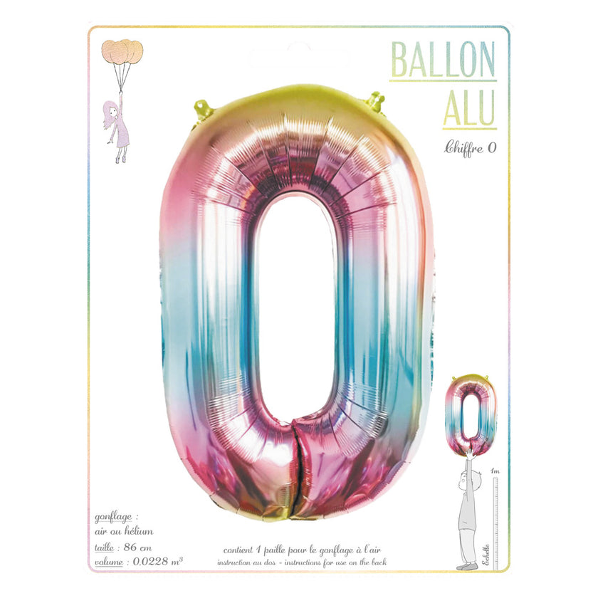 BALLON MYLAR CHIFFRE 0 IRISE PASTEL 86CM