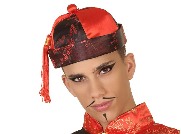 chapeau chinois mandarin rouge noir avec pompon rouge adulte