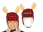 bonnet de noël à carreaux rouge avec bois de renne adulte