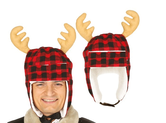 bonnet de noël à carreaux rouge avec bois de renne adulte