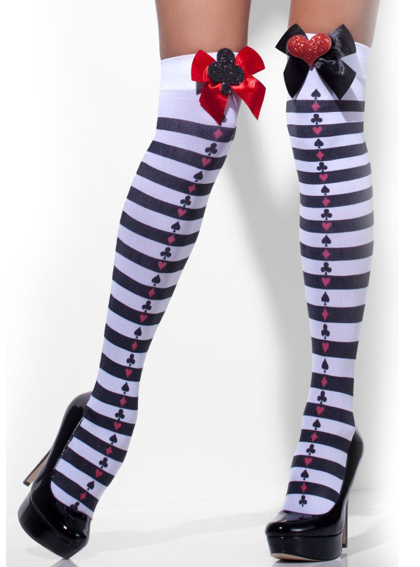 Bas Arlequin noir et blanc à rayures et nœuds rouges