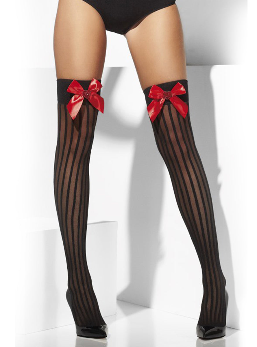 Collants noir rayés et nœuds rouges