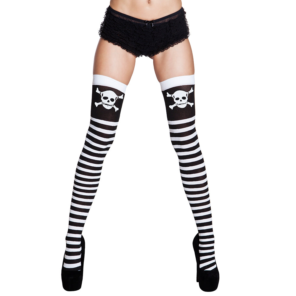 Collants rayures blanches et noires tête de mort femme