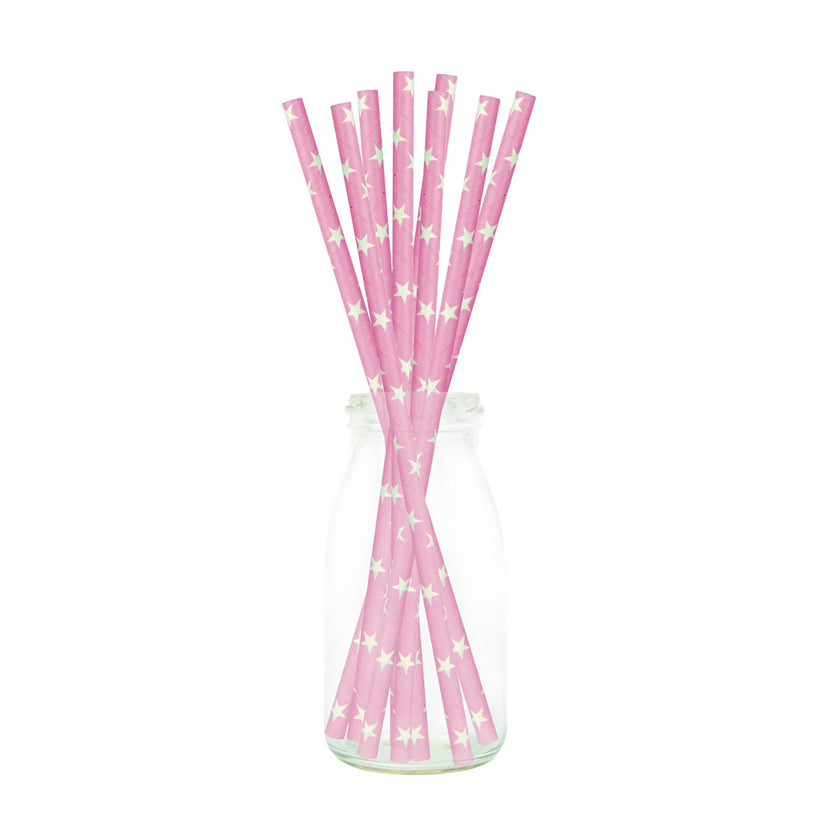 SET 10 PAILLES BUBLE GUM A ÉTOILES BLANCHES