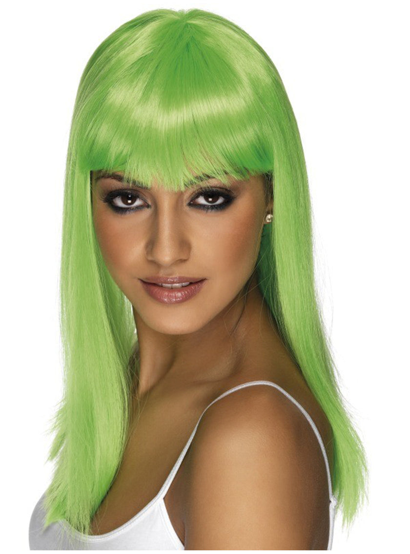 Perruque Glamourama verte fluo avec une frange