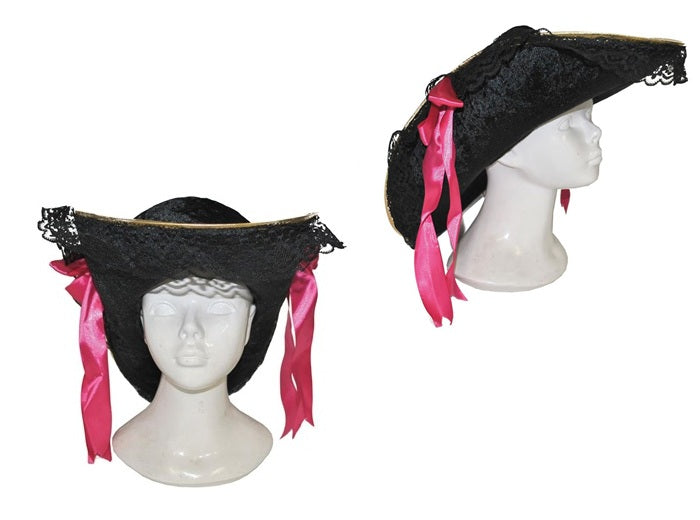 chapeau tricorne noir pour femme avec dentelles et rubans roses
