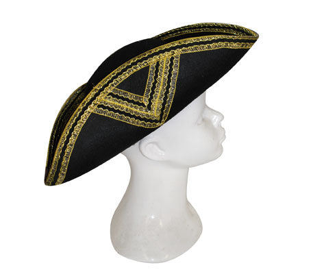 chapeau tricorne noir avec ornements dorés