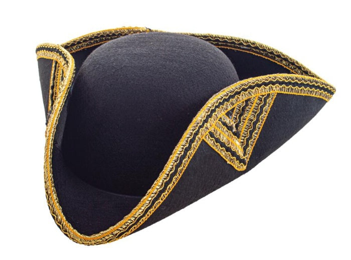 chapeau tricorne noir avec ornements dorés