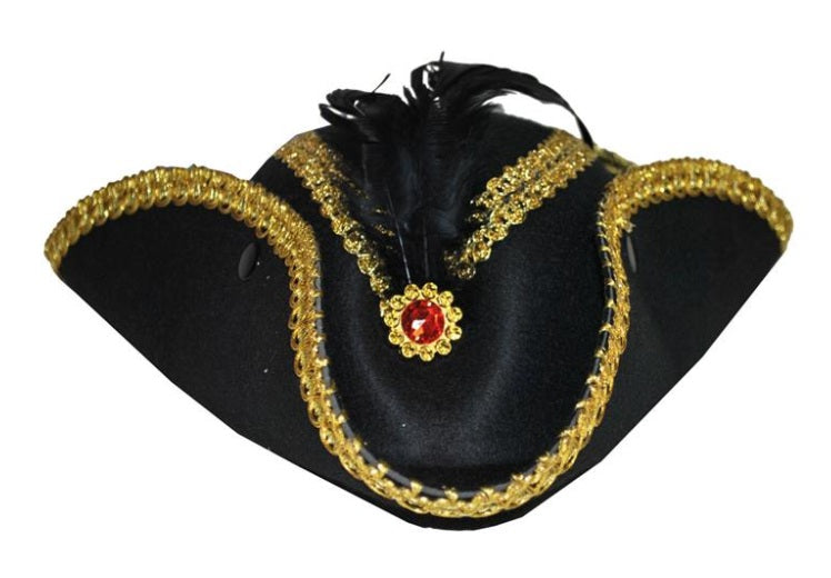 chapeau tricorne noir avec galon doré et pierre