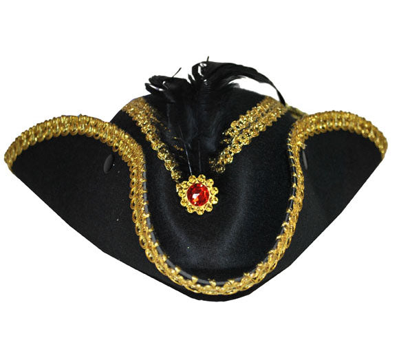 chapeau tricorne noir avec galon doré et pierre