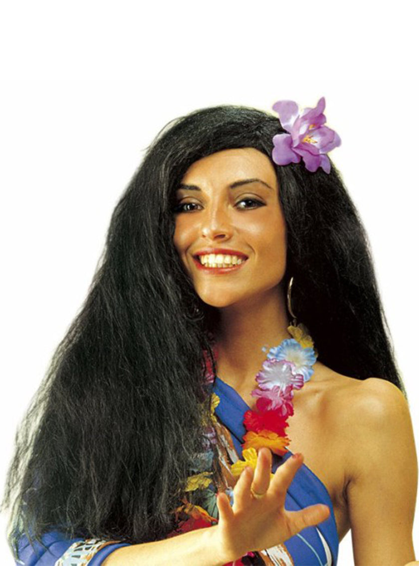 Perruque hawaïenne noire orchidée
