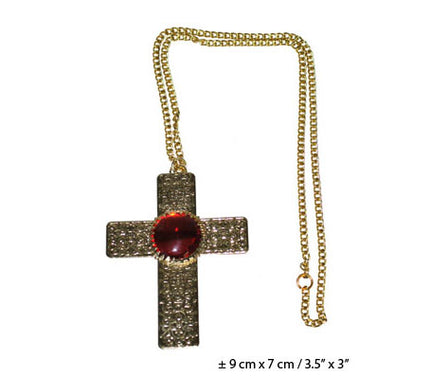 collier croix métal avec faux rubis
