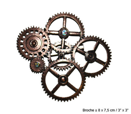 broche métal steampunk motifs engrenages 8x7cm