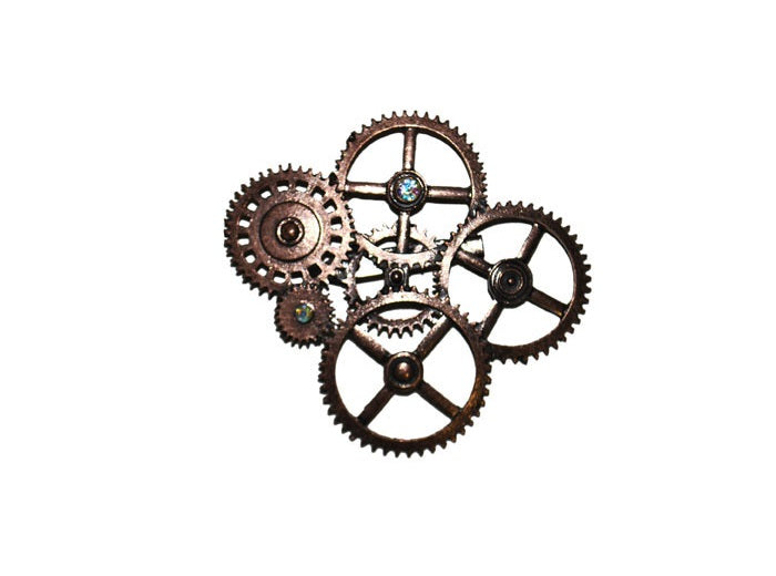 broche métal steampunk motifs engrenages 8x7cm