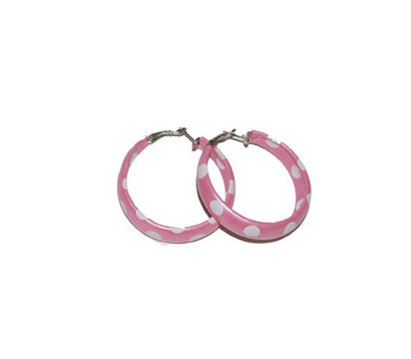 boucles d''oreilles rose à pois blanc