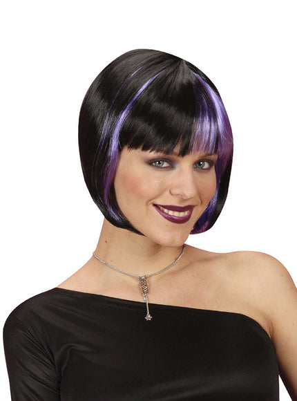 Perruque noire avec mèches violettes femme