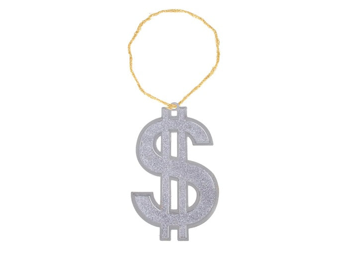 collier dollar géant argent avec effet paillettes 23cm