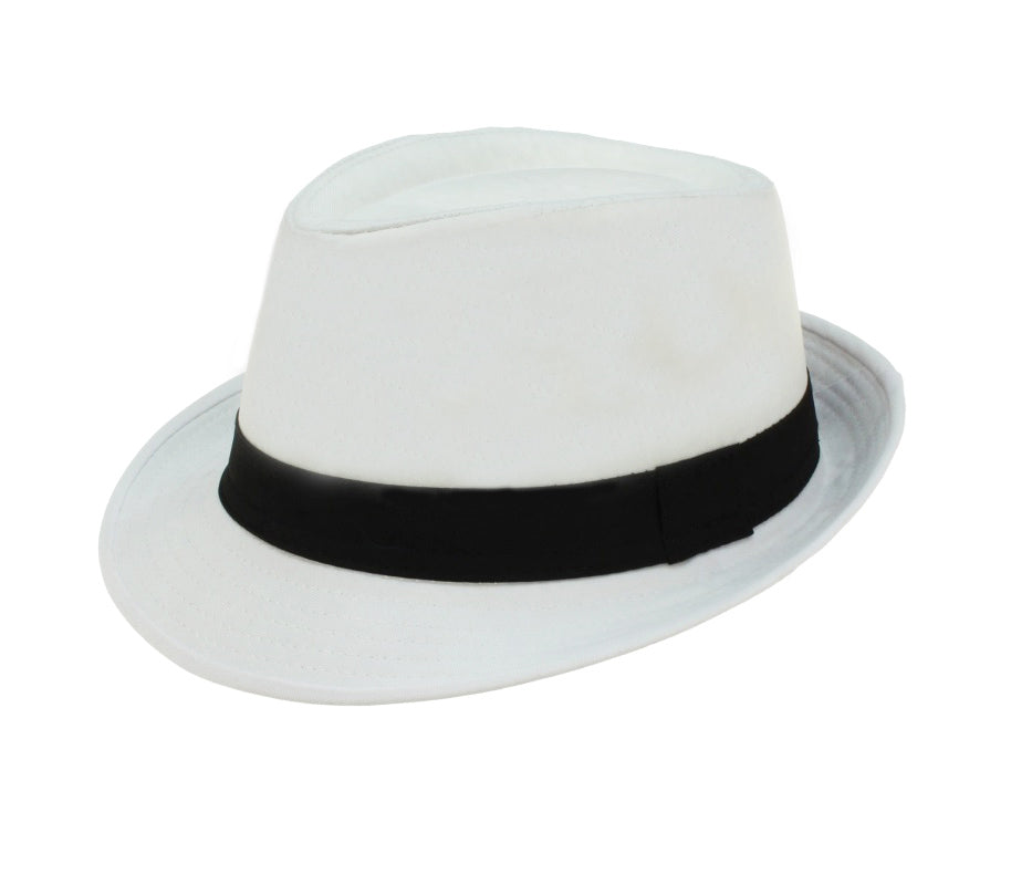 chapeau fedora tissu blanc avec ruban noir