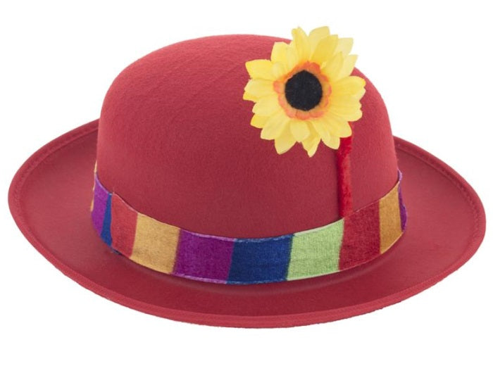chapeau de clown rouge avec fleur jaune adulte