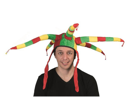 chapeau carnaval 5 longues cornes et grelots vert jaune rouge