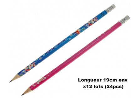 lot de 12x2 crayons à papier avec gomme motifs variés 19cm