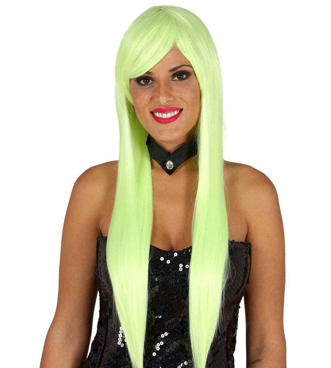 Perruque à frange verte fluo femme