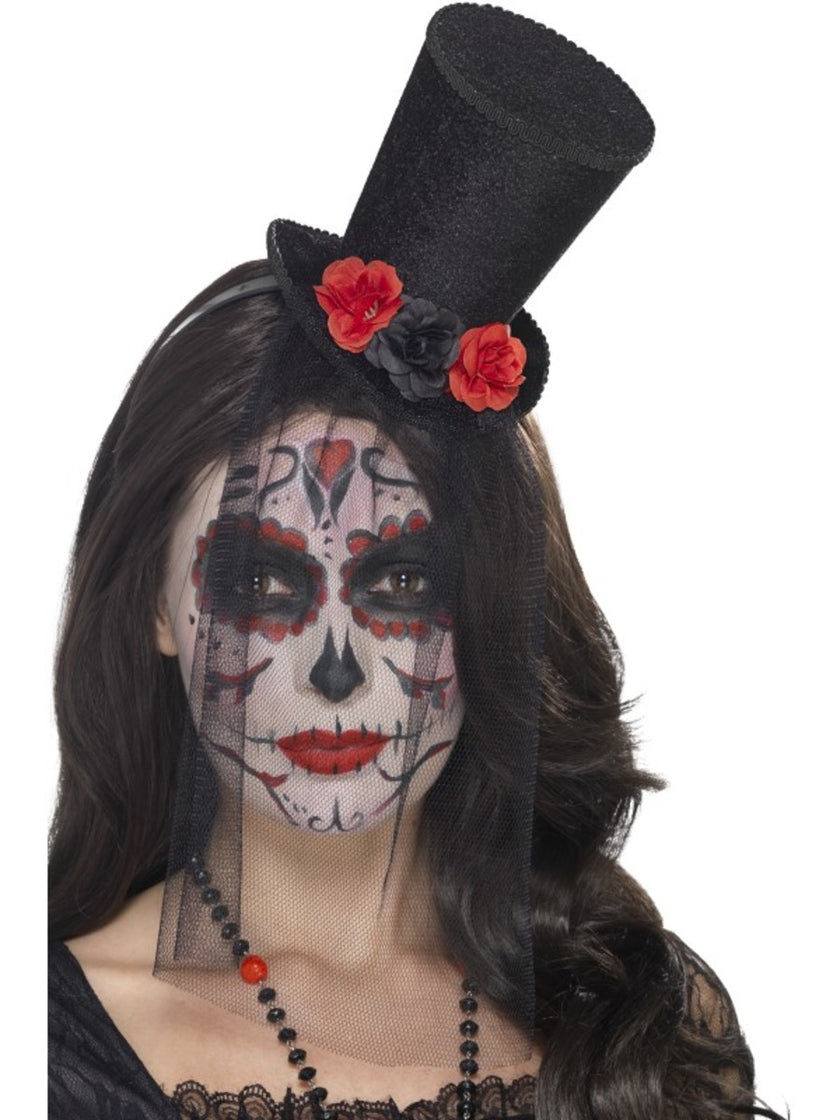 Serre-tête chapeau de Catrina avec roses et voile